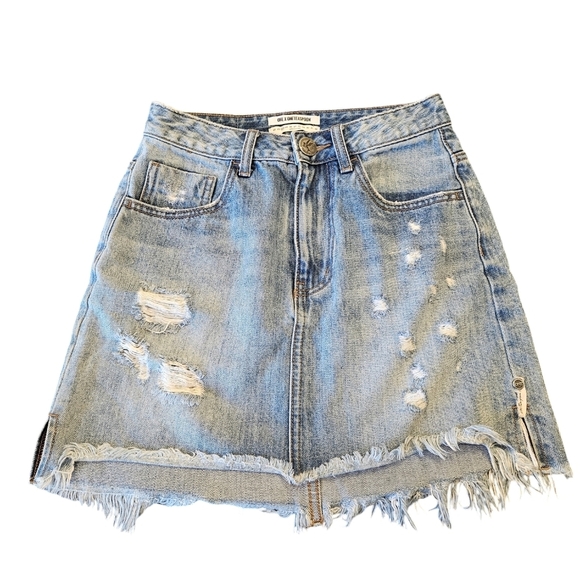 One by One Teaspoon X 2020 Mini Skirt High Waisted Fringe Distressed Denim - Picture 5 of 6